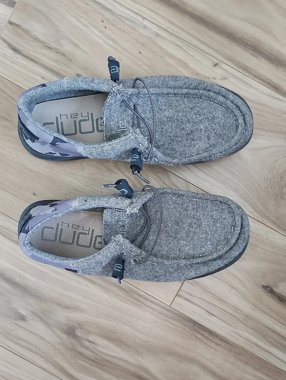 Hey Dude Gray Canvas Casual Slip-On Shoes with Camouflage Heel Accent